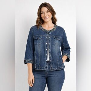 A.M.I. Embroidered Jean Jacket Scroll Design Seed Beads 3/4 Sleeve Snap Buttons